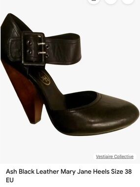 ASH Black Leather Mary Jane Heels with Wood-Tone Tapered Heel
